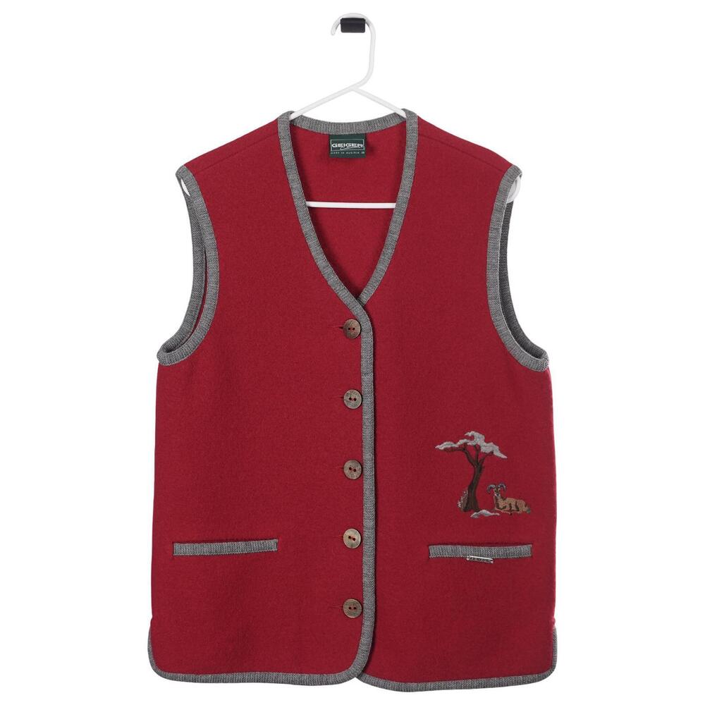 GEIGER Vest 38 Red Wool Embroidered Goats Nature Button Up Sweater Austria